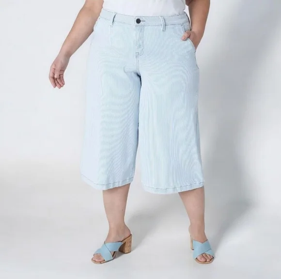 Lane Bryant Size 14 Wide Leg Crop Pinstripe Jean Culotte Capri High Rise 18" L - Picture 2 of 15